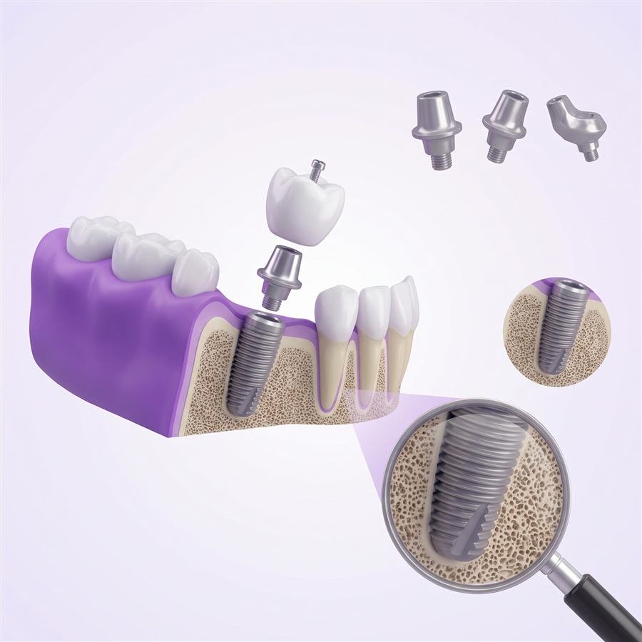 Representación 3D de un implante dental y sus componentes